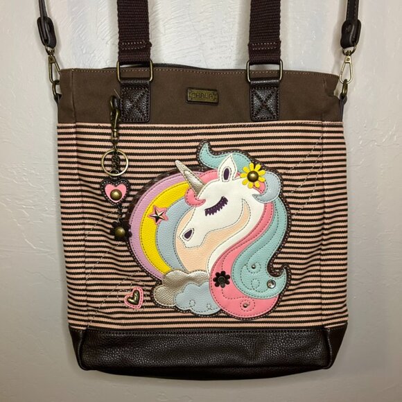CHALA Unicorn Tote Pink& Brown Stripes Crossbody Messenger Vegan Bag Large Purse - Picture 1 of 14